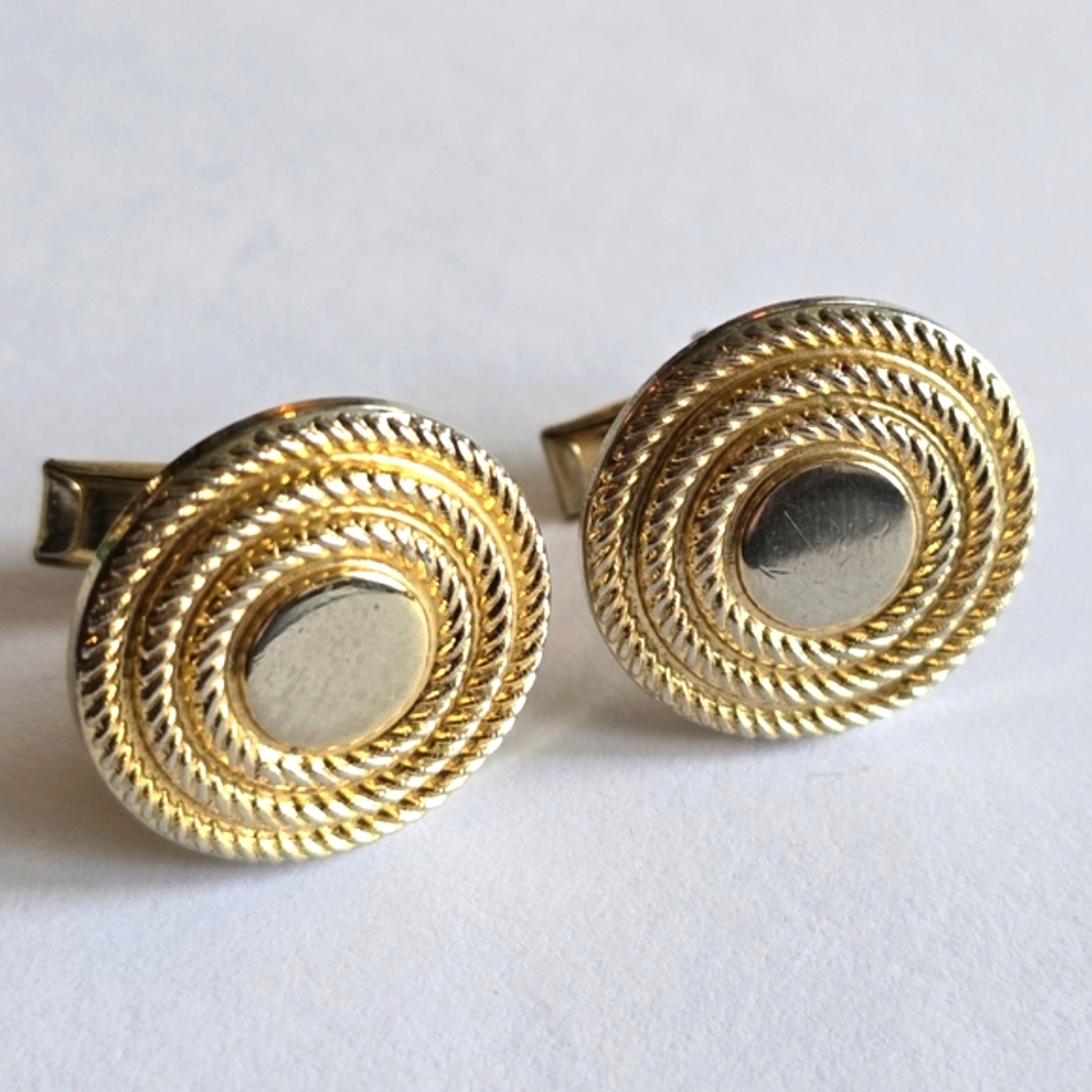 Vintage round cuff links faded gold tone metal circle cufflinks mens jewelry